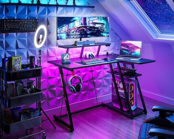 Small Gaming Desk with LED Lights L shaped